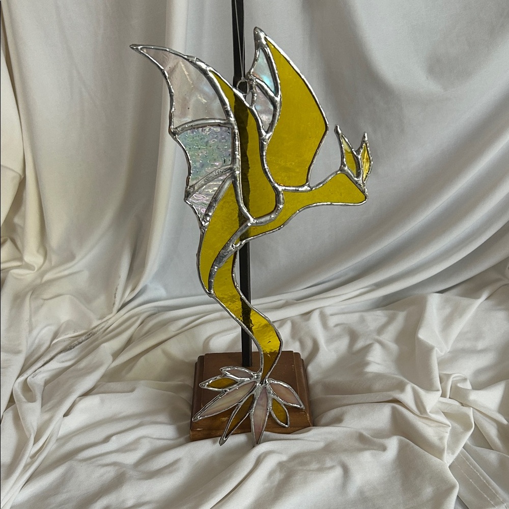 Majestic Glass Dragon Sculpture in Yellow and Silver